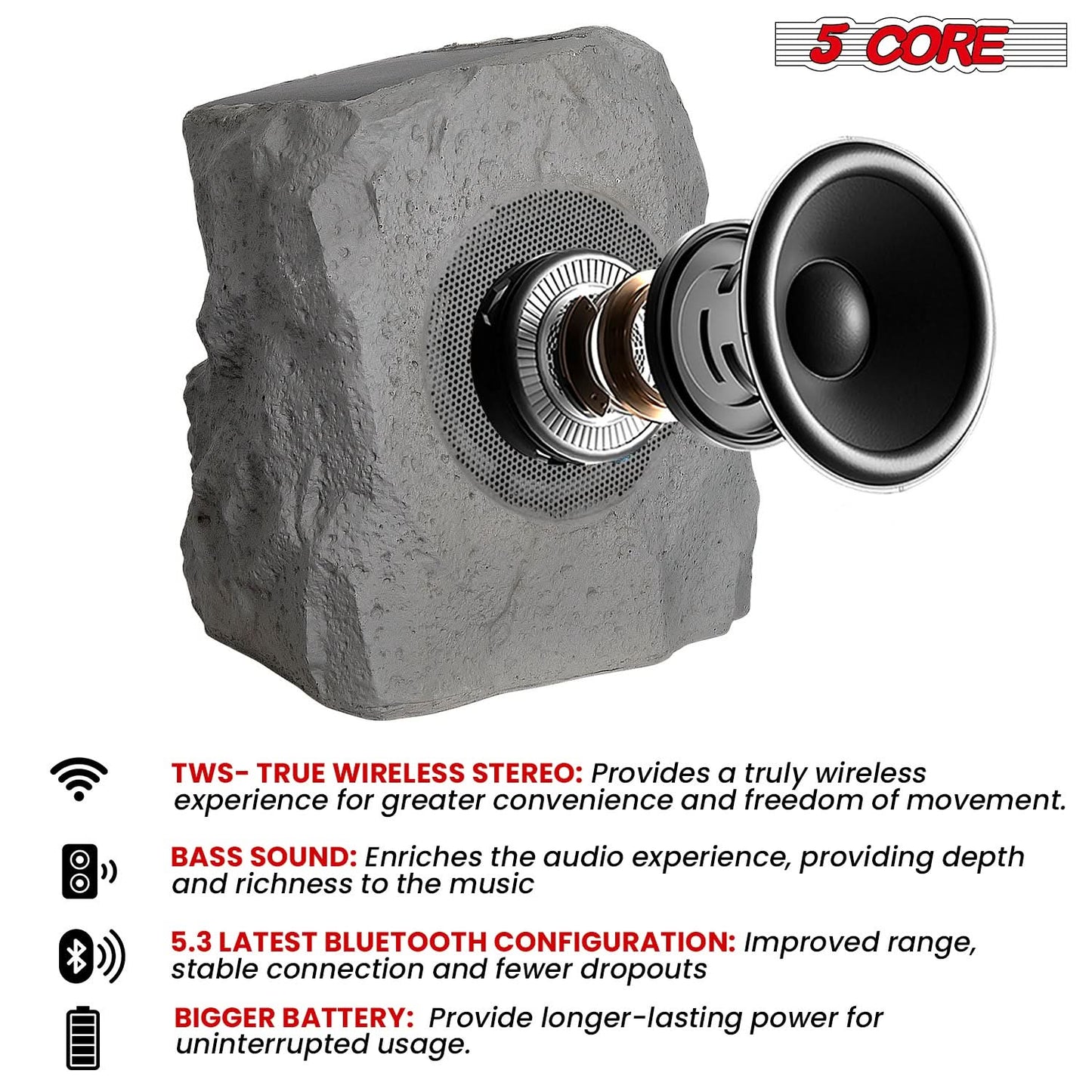 5Core Outdoor Wireless Speakers Bluetooth Rock Waterproof Linkable TWS Garden Speaker GRAY 1 PC