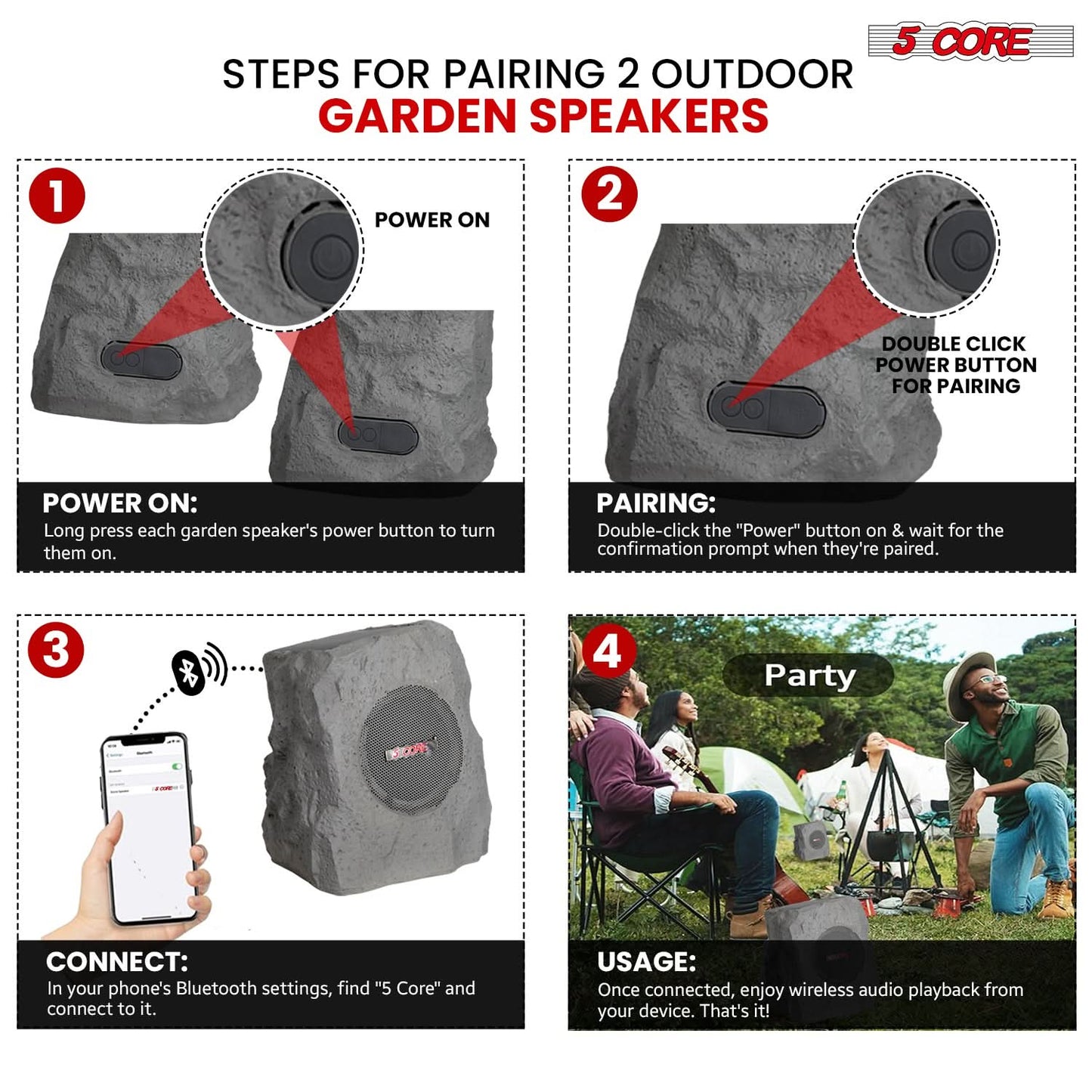 5Core Outdoor Wireless Speakers Bluetooth Rock Waterproof Linkable TWS Garden Speaker GRAY 1 PC