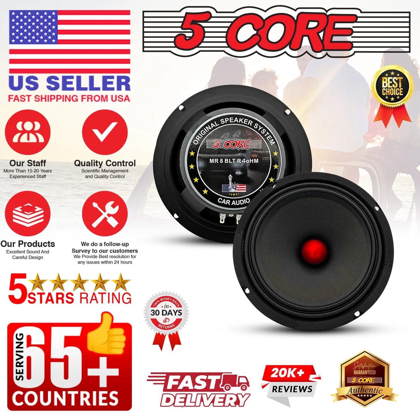 5Core 8 Inch Midrange Door Speaker 500W Subwoofer W Aluminum Bullet 4Ω Sub Woofer 1 PC