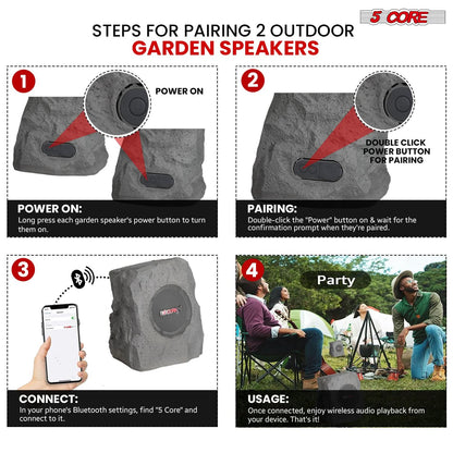 5Core Outdoor Wireless Speakers Bluetooth Rock Waterproof Linkable TWS Garden Speaker GRAY 1 PC